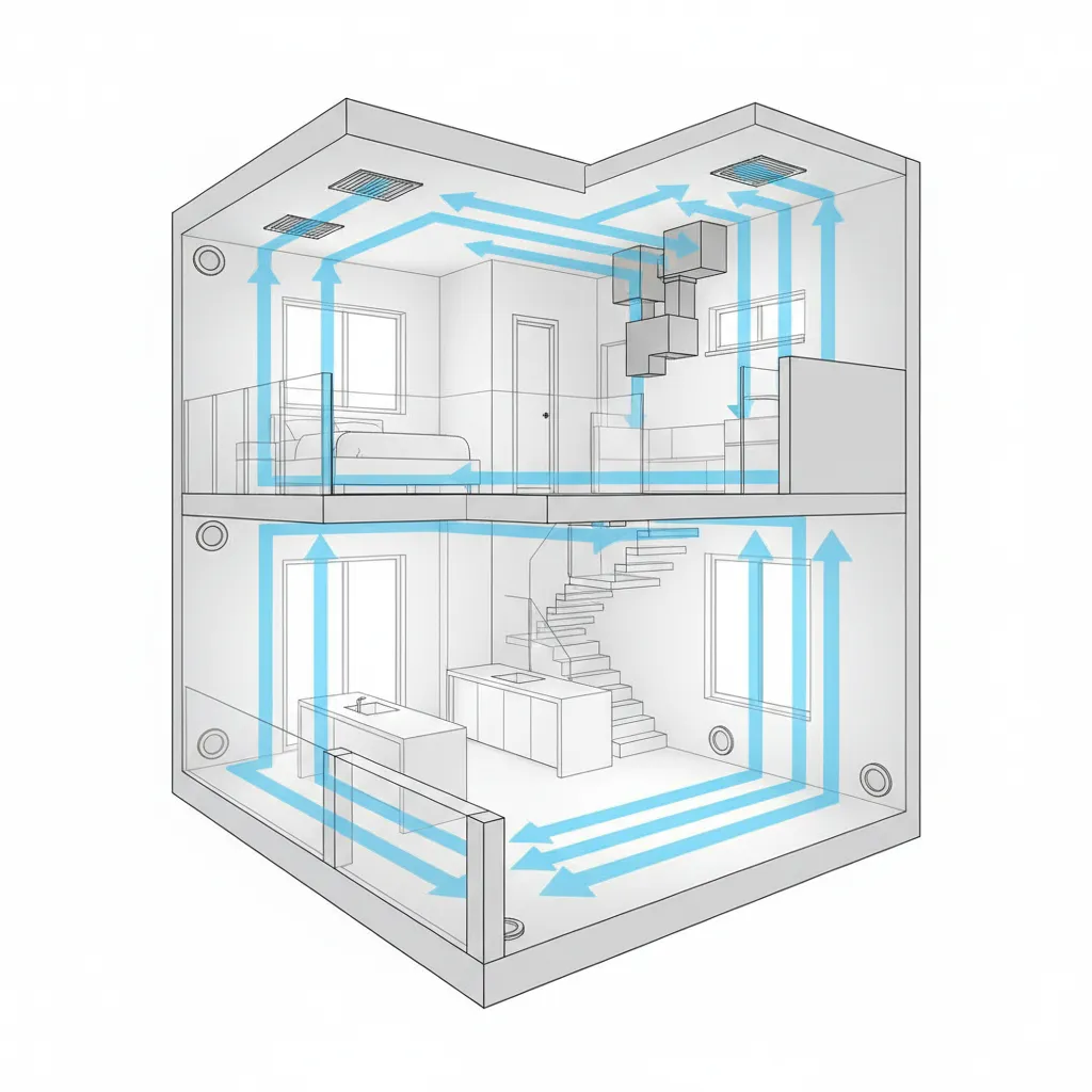 Home interior diagram showing supply and return vent airflow paths