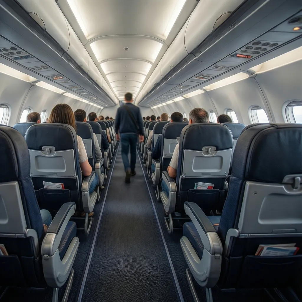 Aircraft aisle and seating configuration showing passenger flow space