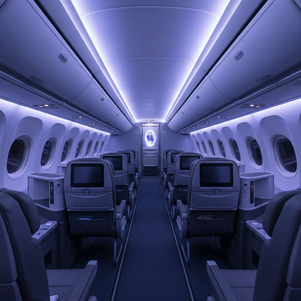 Interior design drawing of airplane cabin with purple ambient light fixture and rows of seats