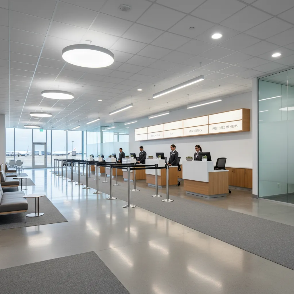 airport car rental office with multiple service counters and queue line