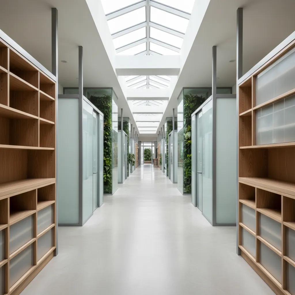 Modern bright hallway with wooden shelves glass walls vertical plants and a long roof window