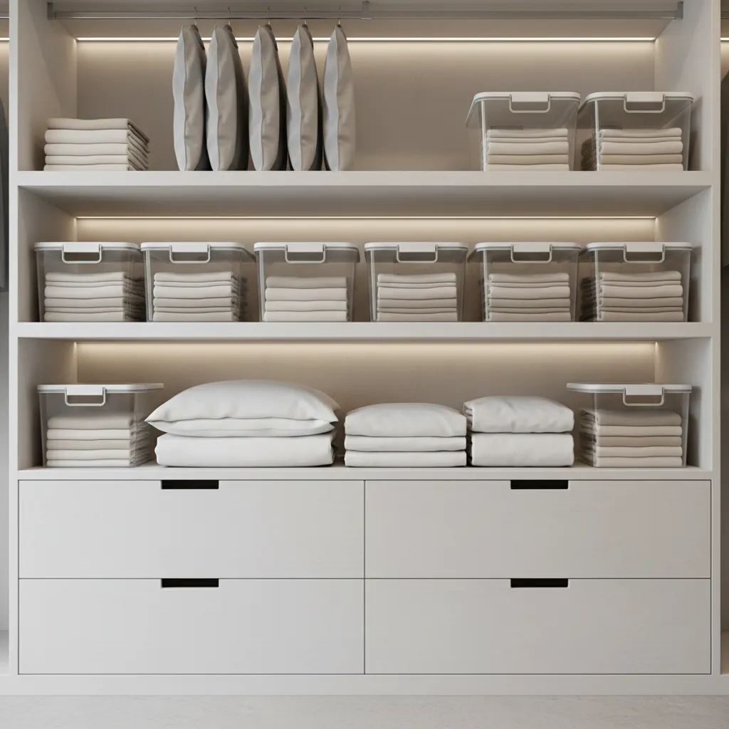 clear airtight storage bins with folded clothes protecting linens from pests