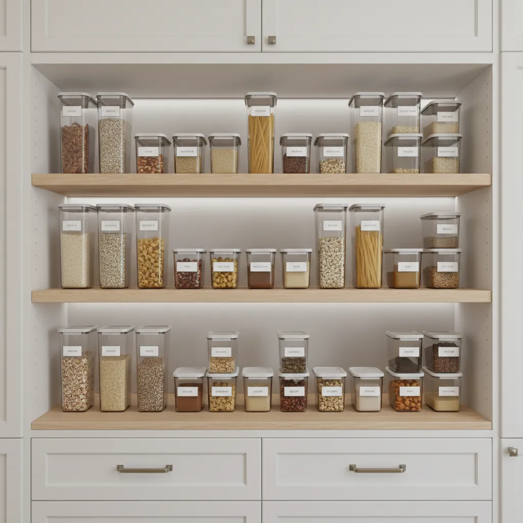 Airtight containers organizing food inside kitchen cabinets