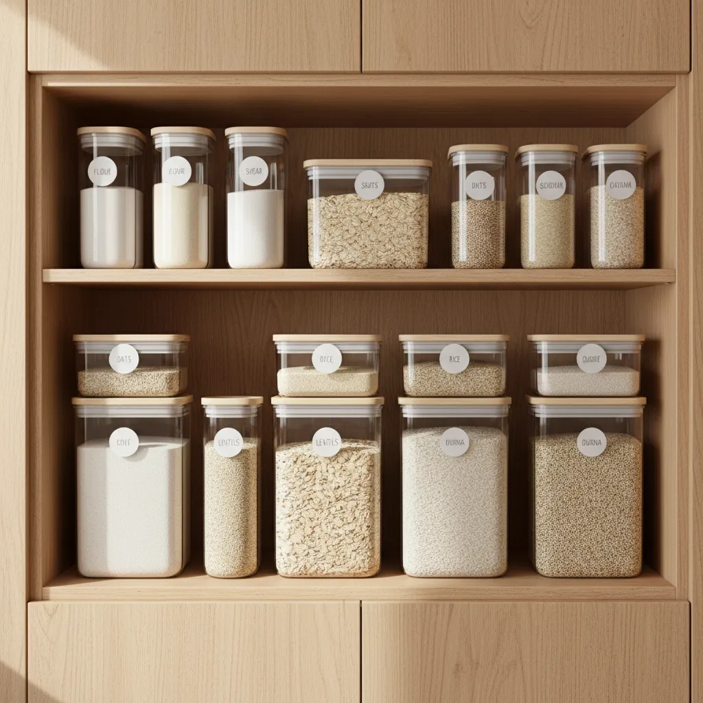 Kitchen cabinet with airtight food storage containers preventing ants