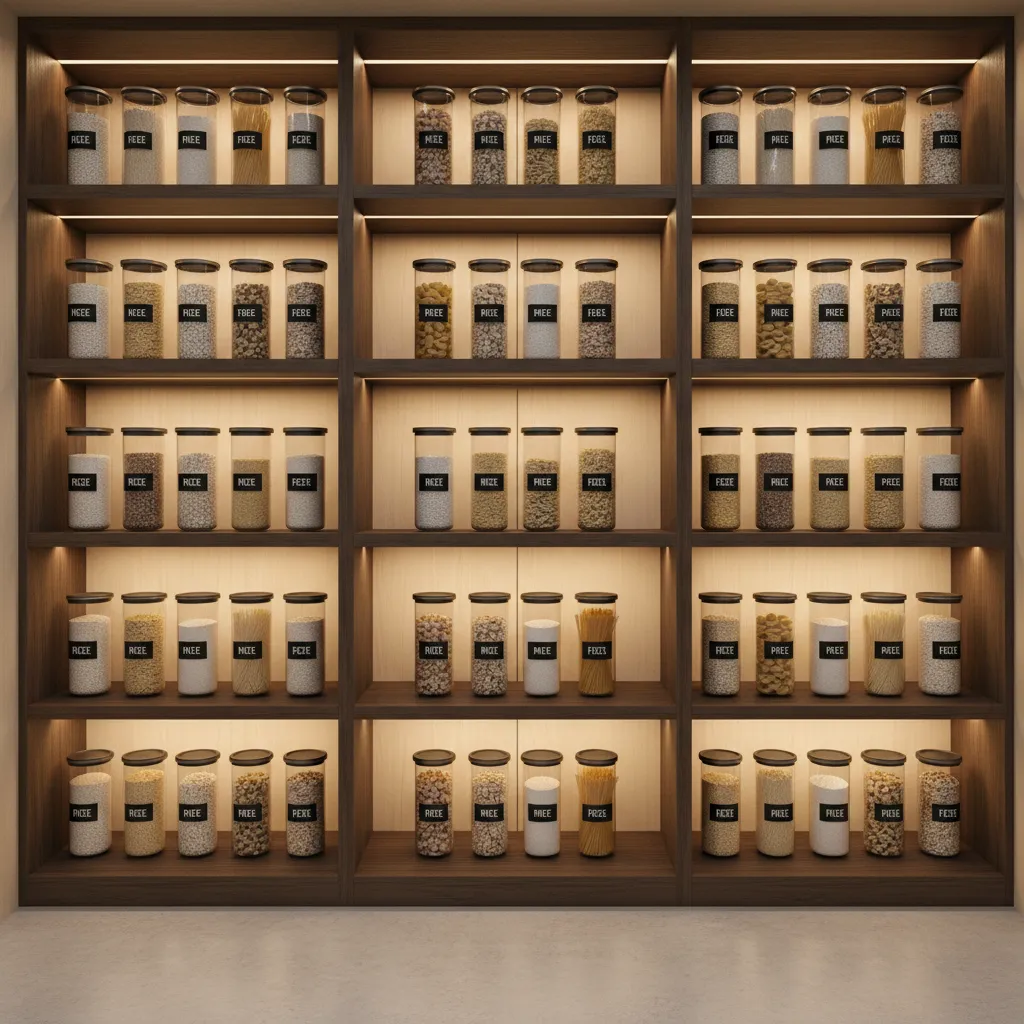 airtight containers storing grains and food in a kitchen pantry