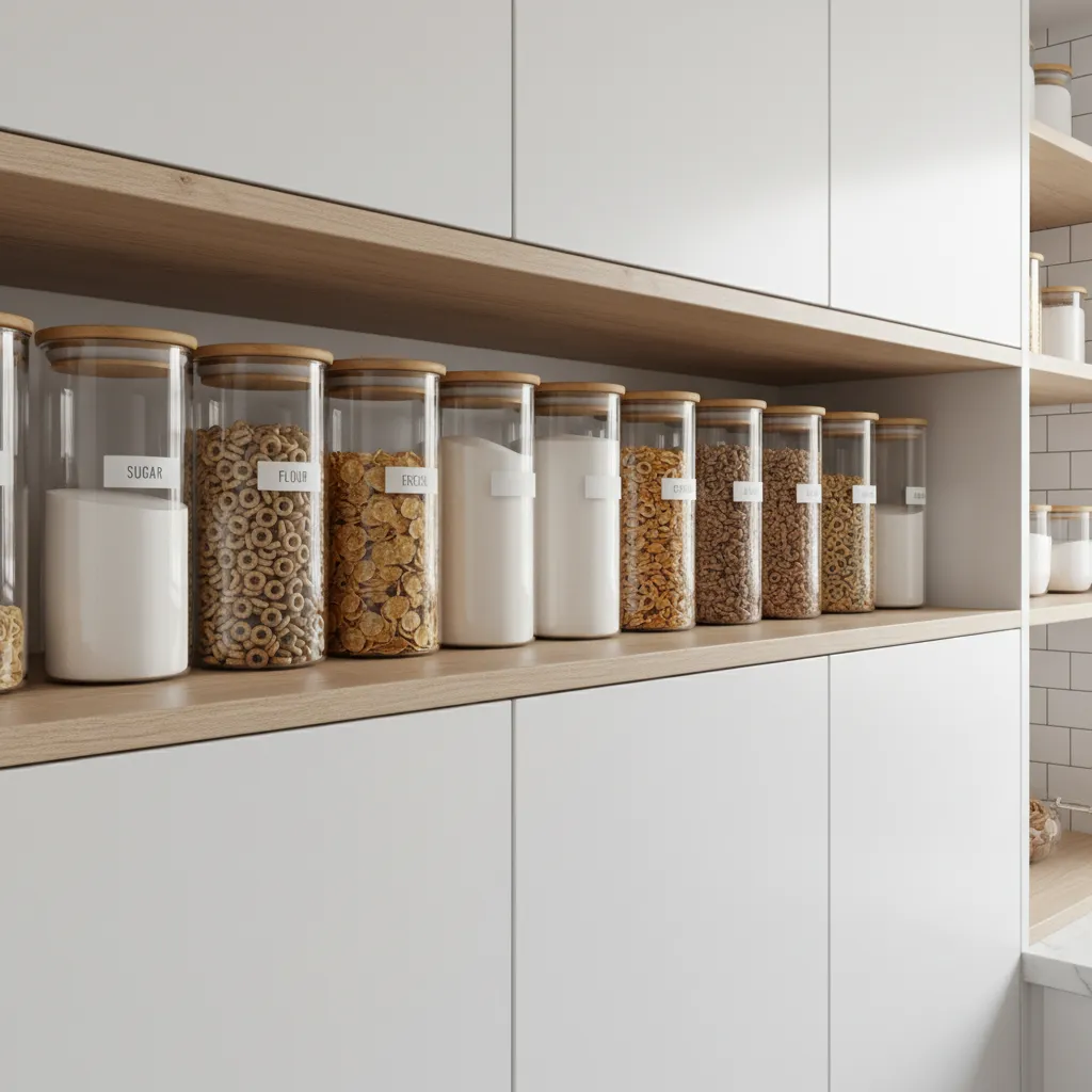 Airtight containers storing sugar and cereal in a kitchen pantry