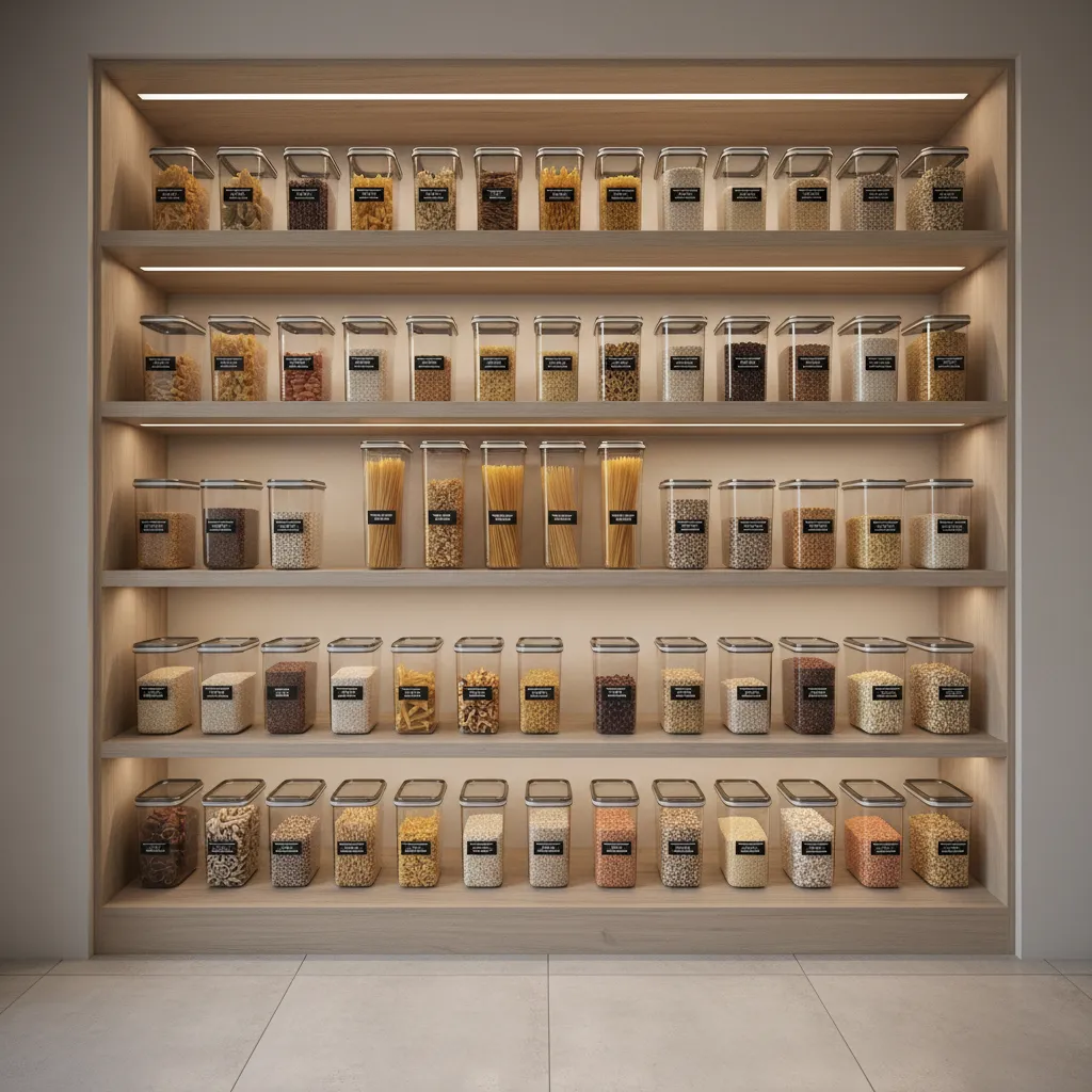 Organized pantry with airtight containers storing grains and dry foods