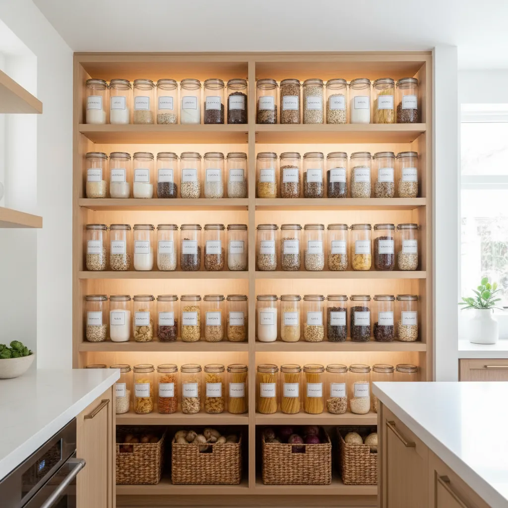 organized pantry with airtight containers storing flour rice and cereal