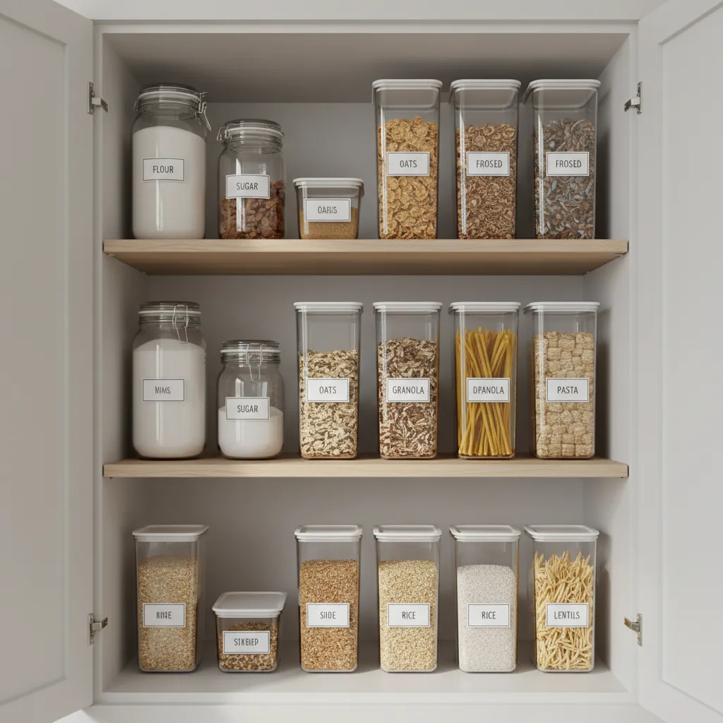 organized pantry with airtight containers for flour sugar and cereal