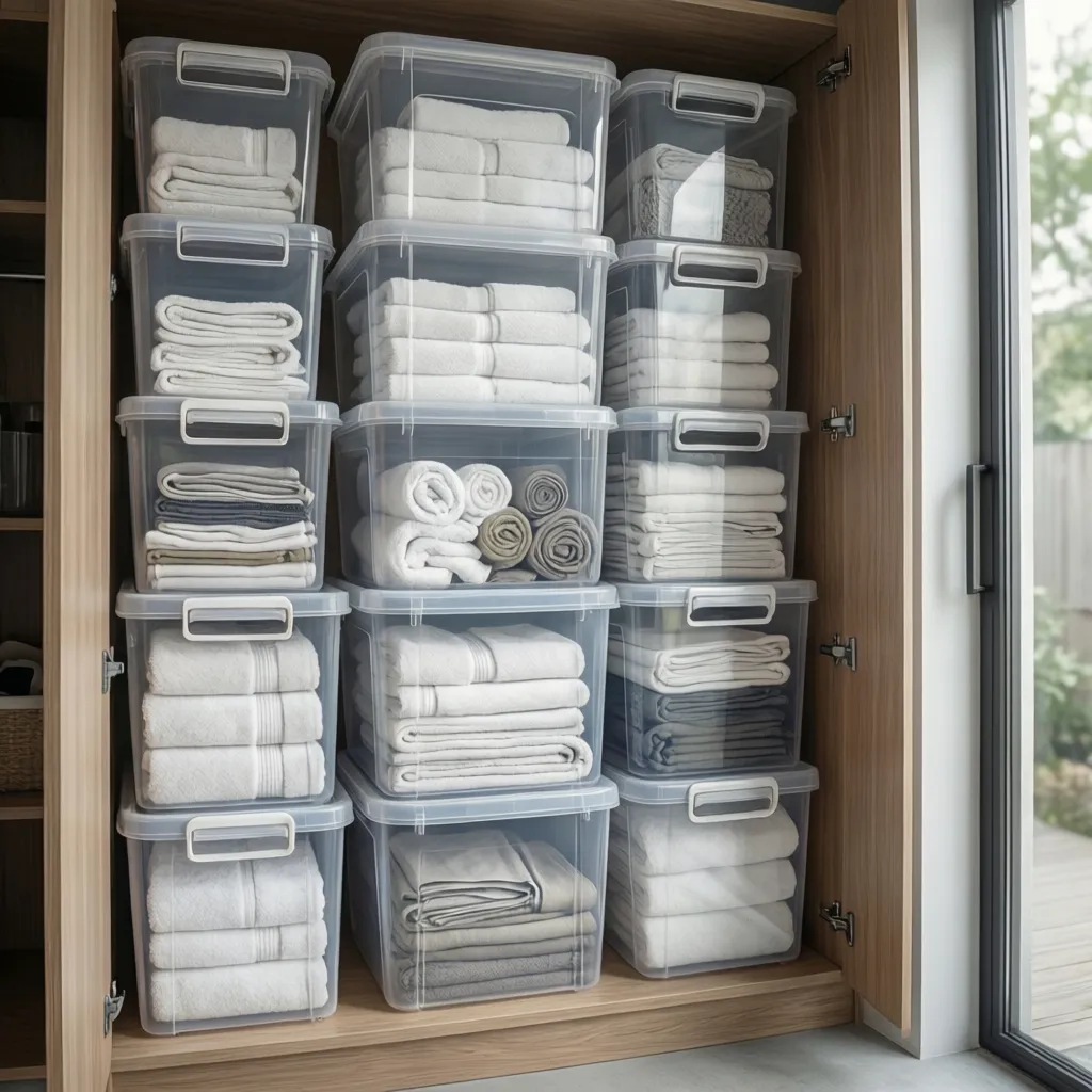 clear airtight containers storing folded linens in laundry room cabinets