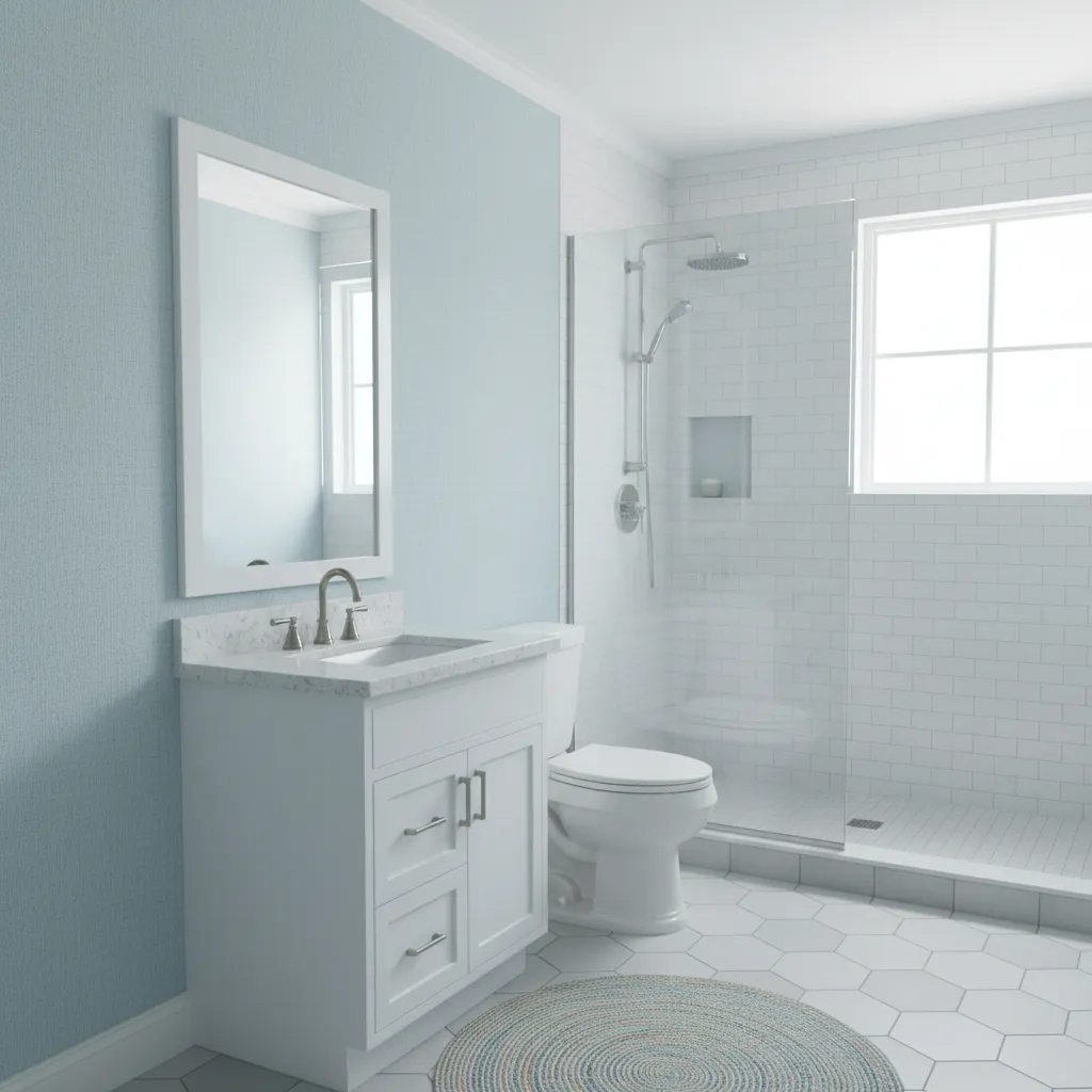 Compact bathroom painted airy light blue creating a spacious atmosphere