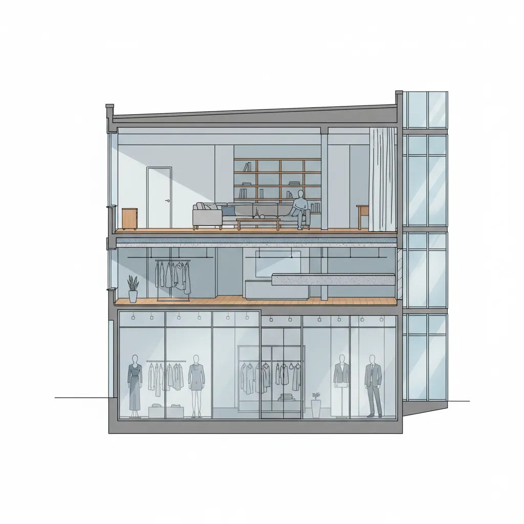 Sección arquitectónica mostrando aislamiento acústico entre local y vivienda