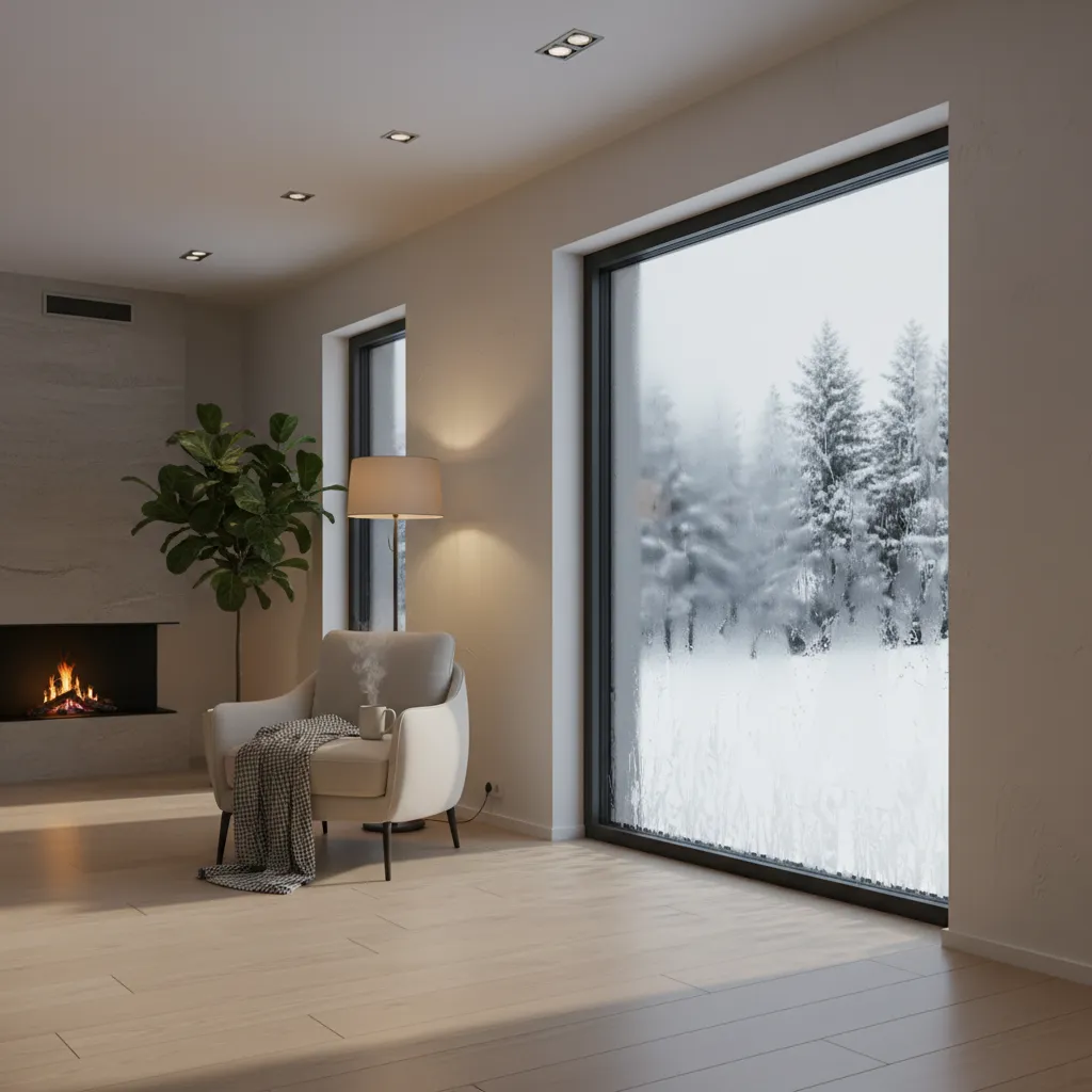 Detalle de ventana aislada en vivienda moderna durante invierno