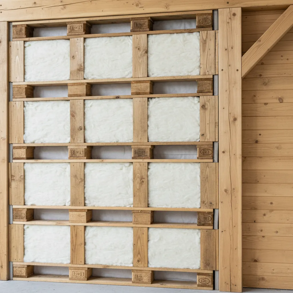 Wooden wall structure using pallets filled with white insulation material for building energy efficient eco homes