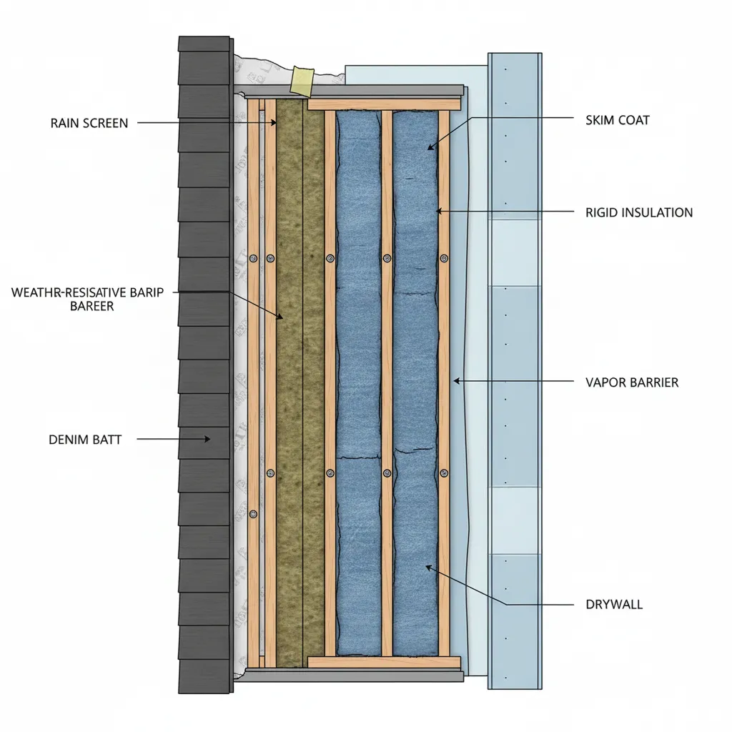 Sección constructiva mostrando capas de aislamiento en una casa eficiente