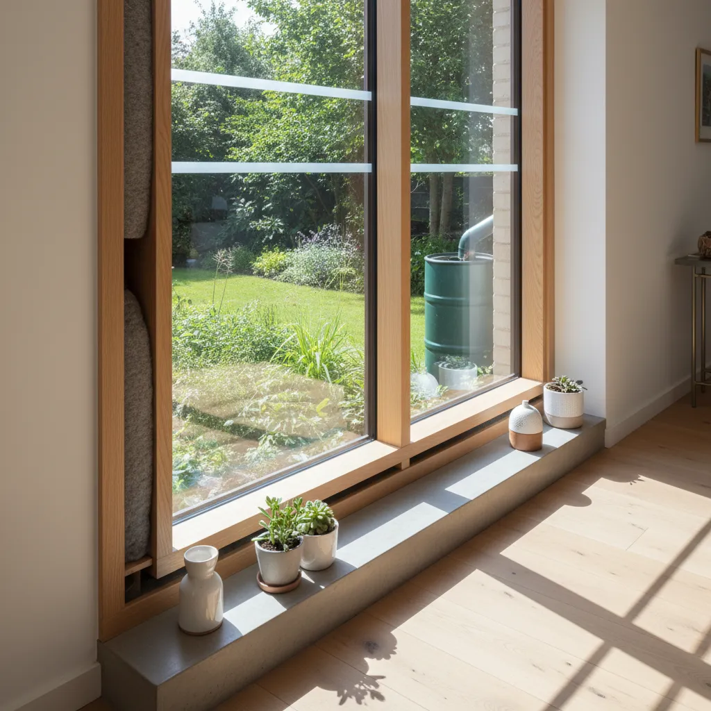 Detalle de ventana eficiente y aislamiento en vivienda