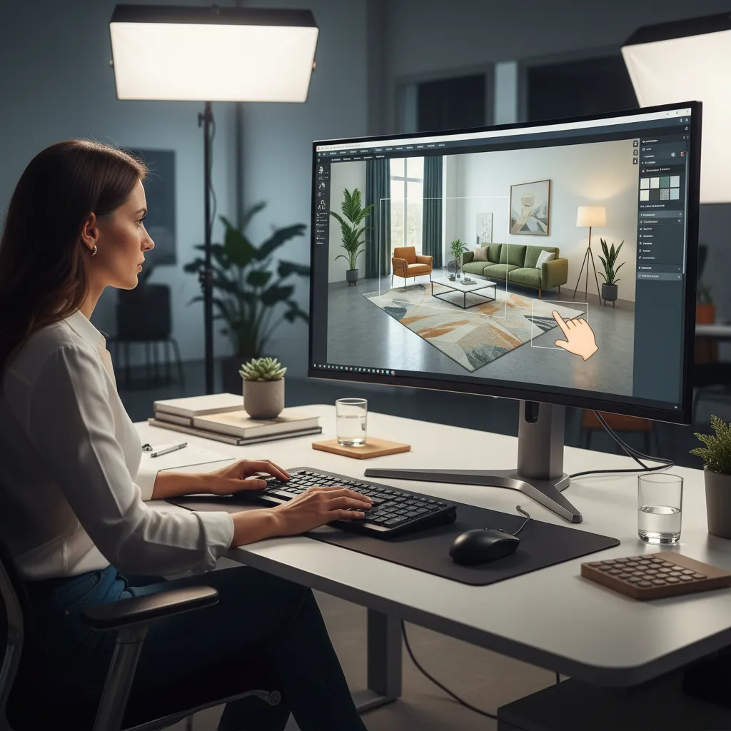 Diseñador ajustando la posición de muebles en un modelo 3D