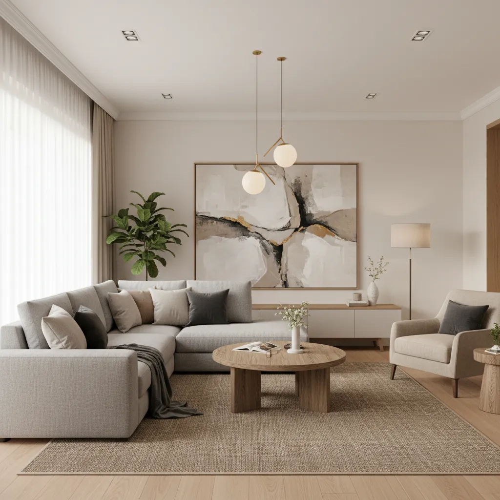 Sala de estar con cuadros grandes y lámpara equilibrando el espacio