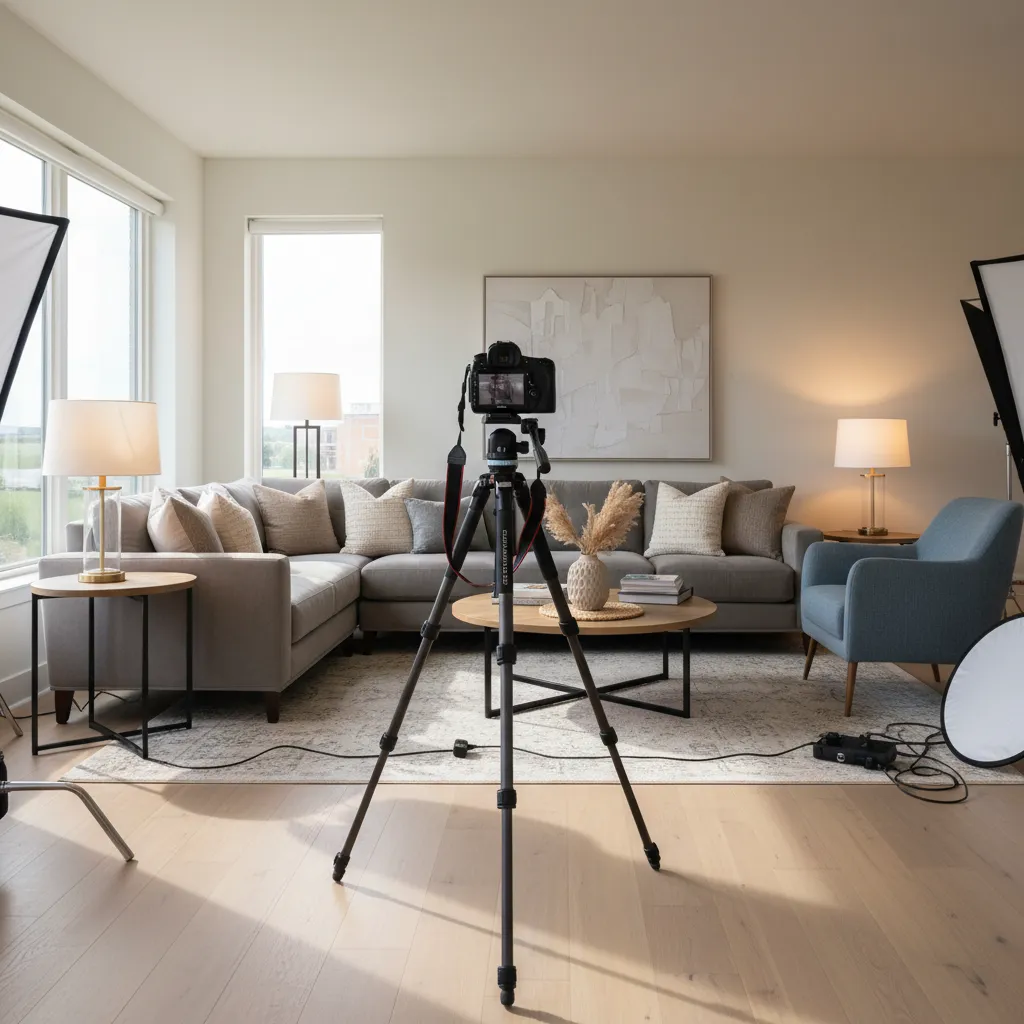 Escena de fotografía de interiores con cámara trípode y espacio preparado