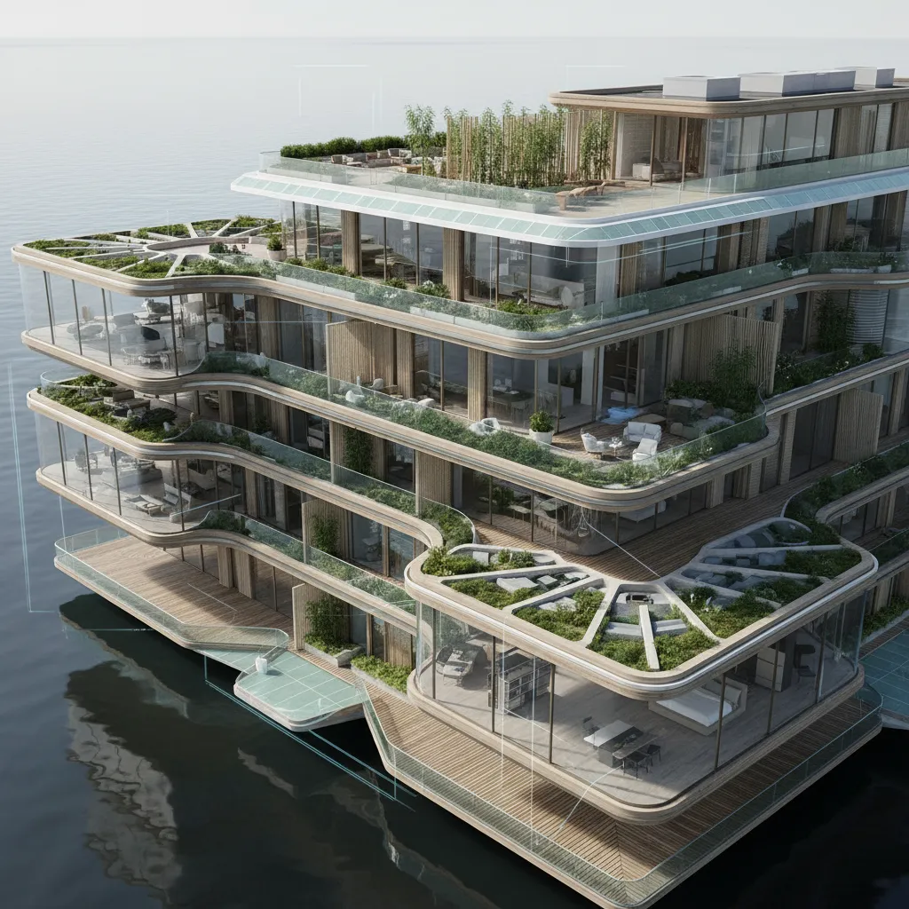 Modern apartment building exterior design with glass walls and green plants on wooden terrace balconies