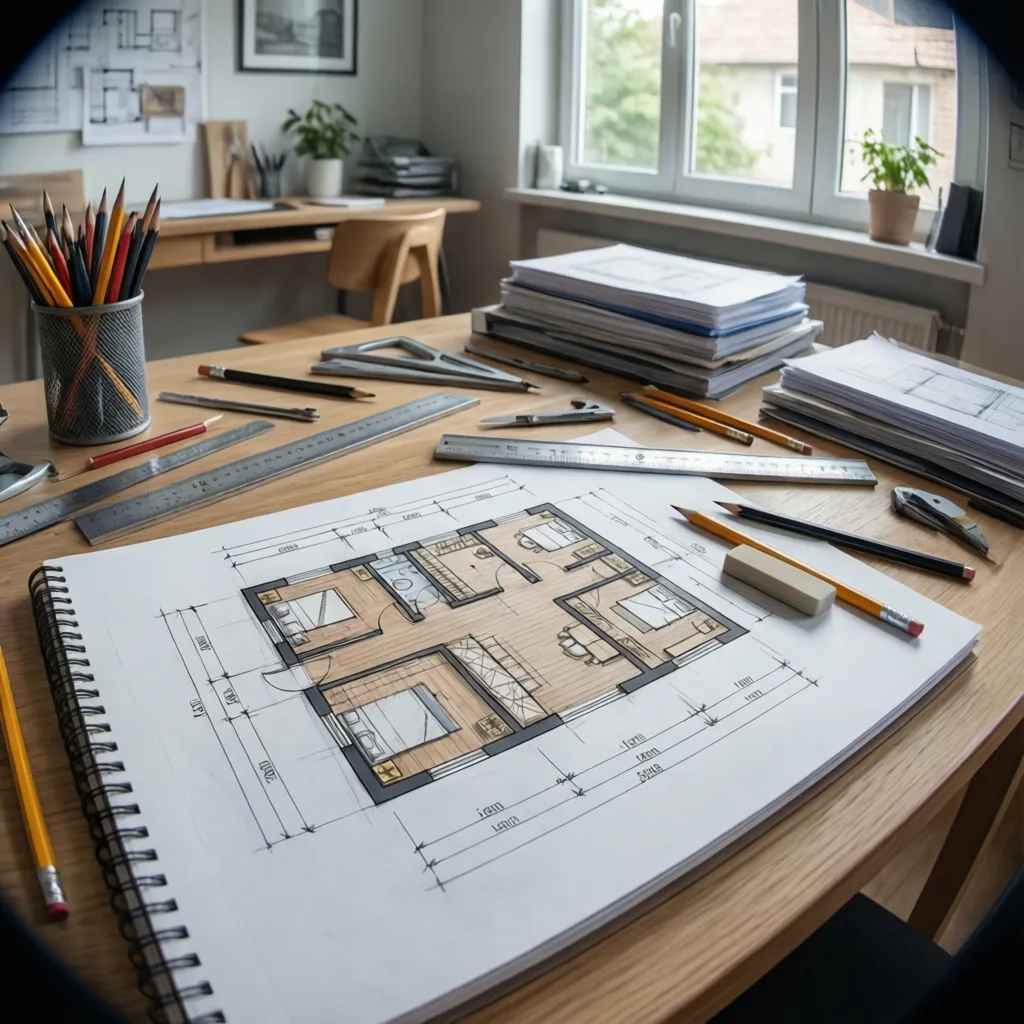 Peralatan menggambar denah rumah seperti pensil, penggaris, dan buku gambar