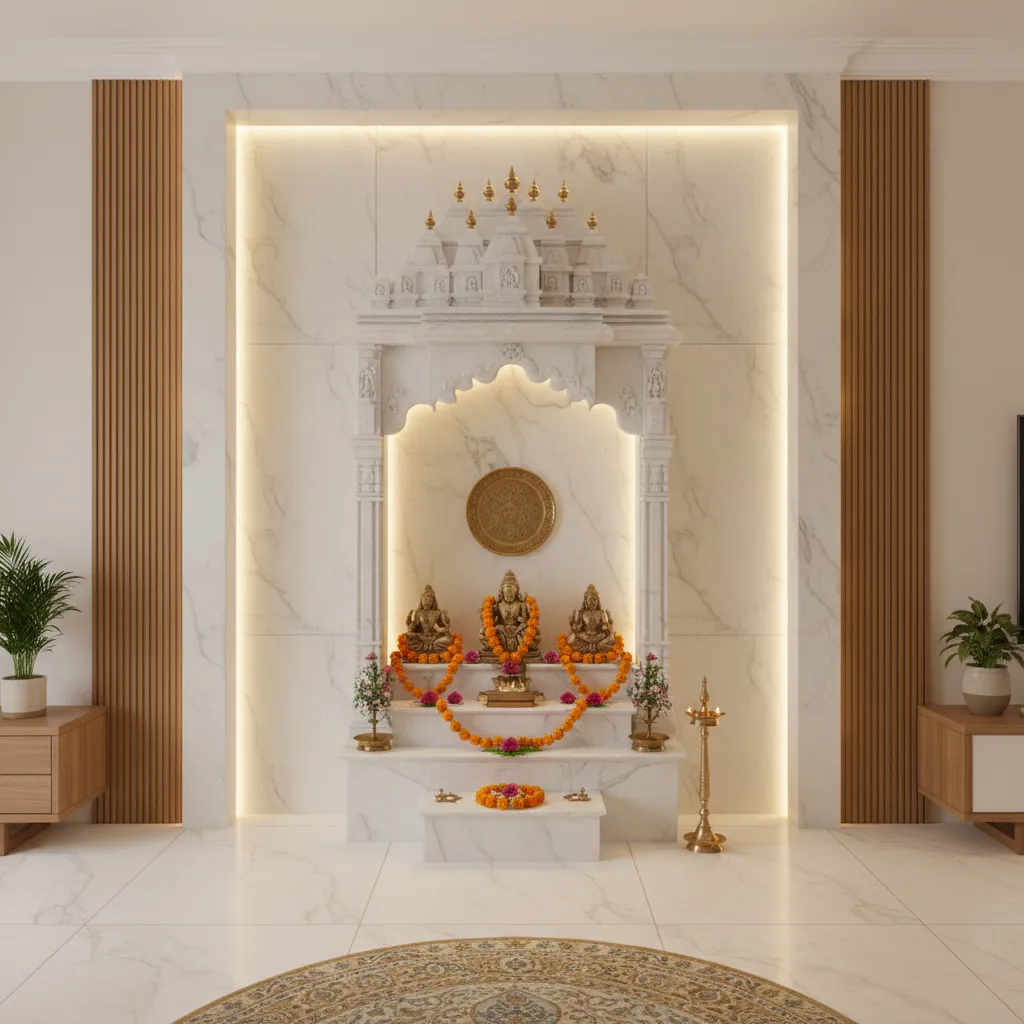 Alcove built-in pooja mandir with tiered gopuram crown