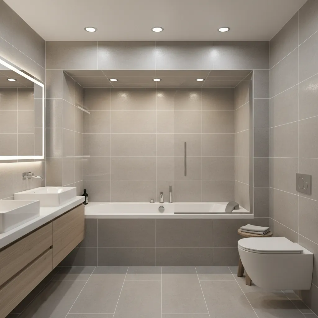 Alcove jacuzzi tub built between three tiled walls