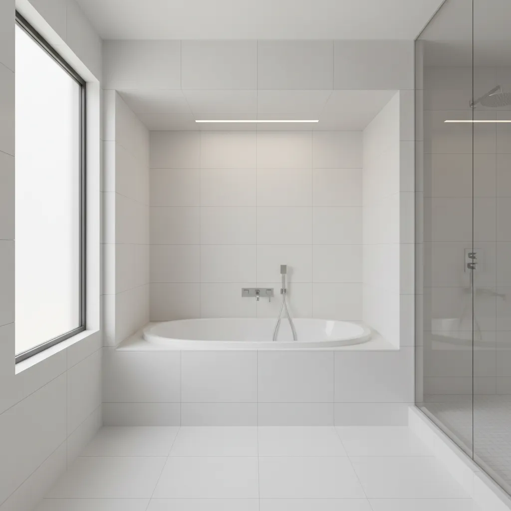 alcove jacuzzi tub installed between three bathroom walls