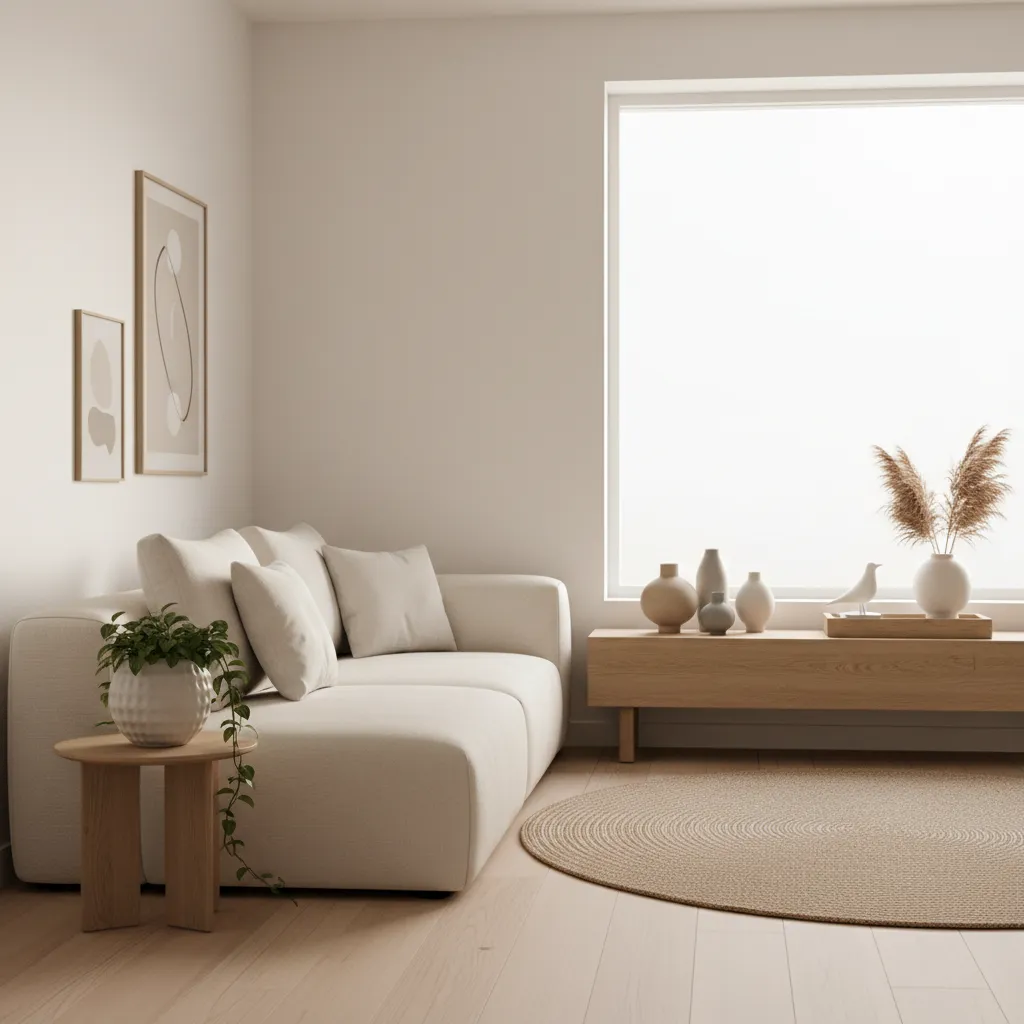 neutral living room styled with affordable decor items like ceramic vases and wood trays
