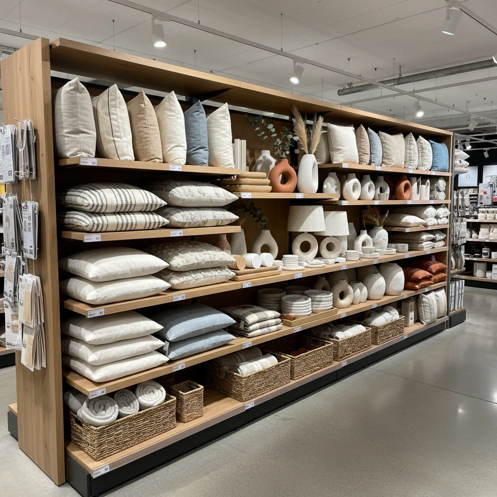 Aldi seasonal home decor display with pillows vases and trays