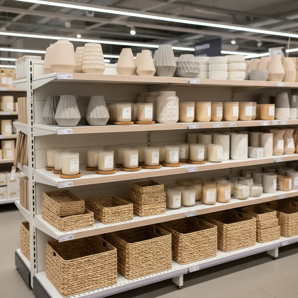 Aldi style shelf display with seasonal decor items including vases, candles, and woven baskets