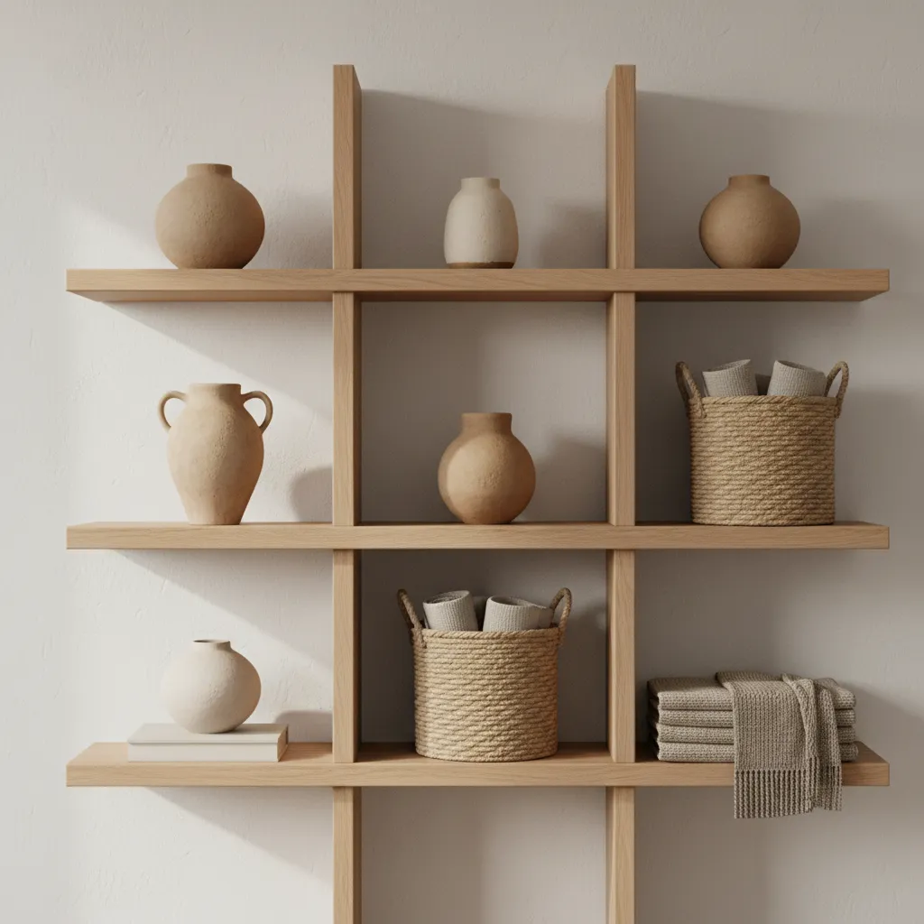 Collection of neutral Aldi decor including ceramic vases, baskets and throws styled on shelves