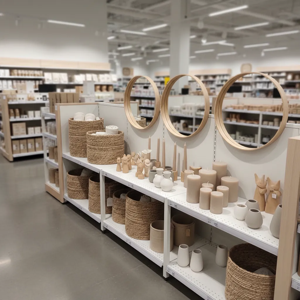 Seasonal Aldi home decor display with neutral baskets mirrors and candles