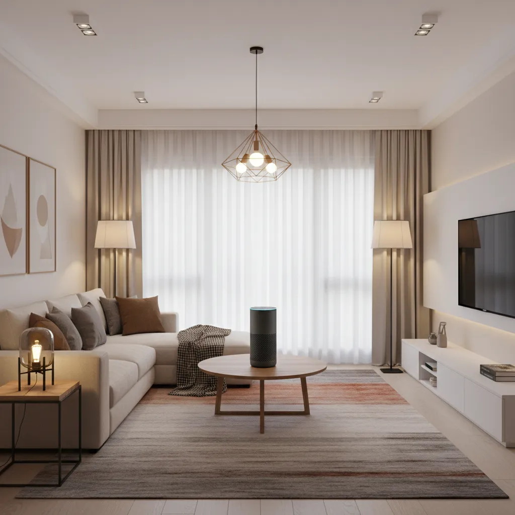 Voice assistant controlling smart lights in a living room