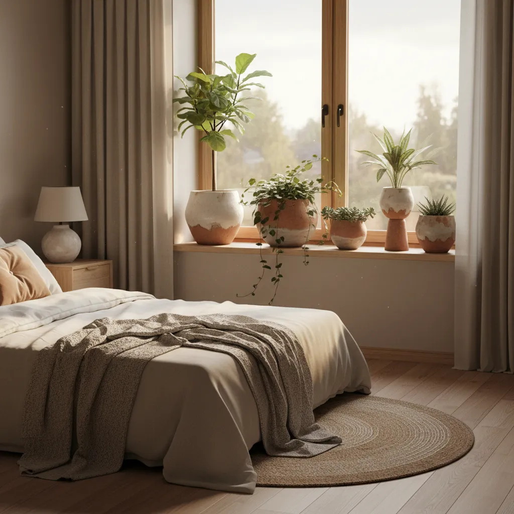 Decoración de alfeizar con cerámica y plantas en estilo natural