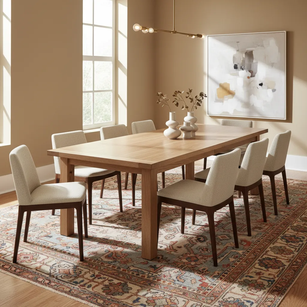 Comedor moderno con mesa de madera y alfombra oriental clásica
