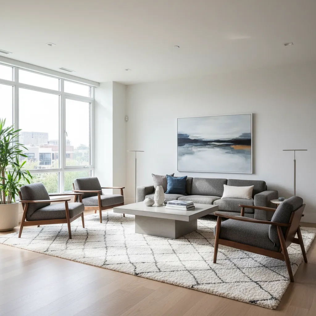 Bright living room with grey sofa three wooden armchairs concrete coffee table and patterned rug