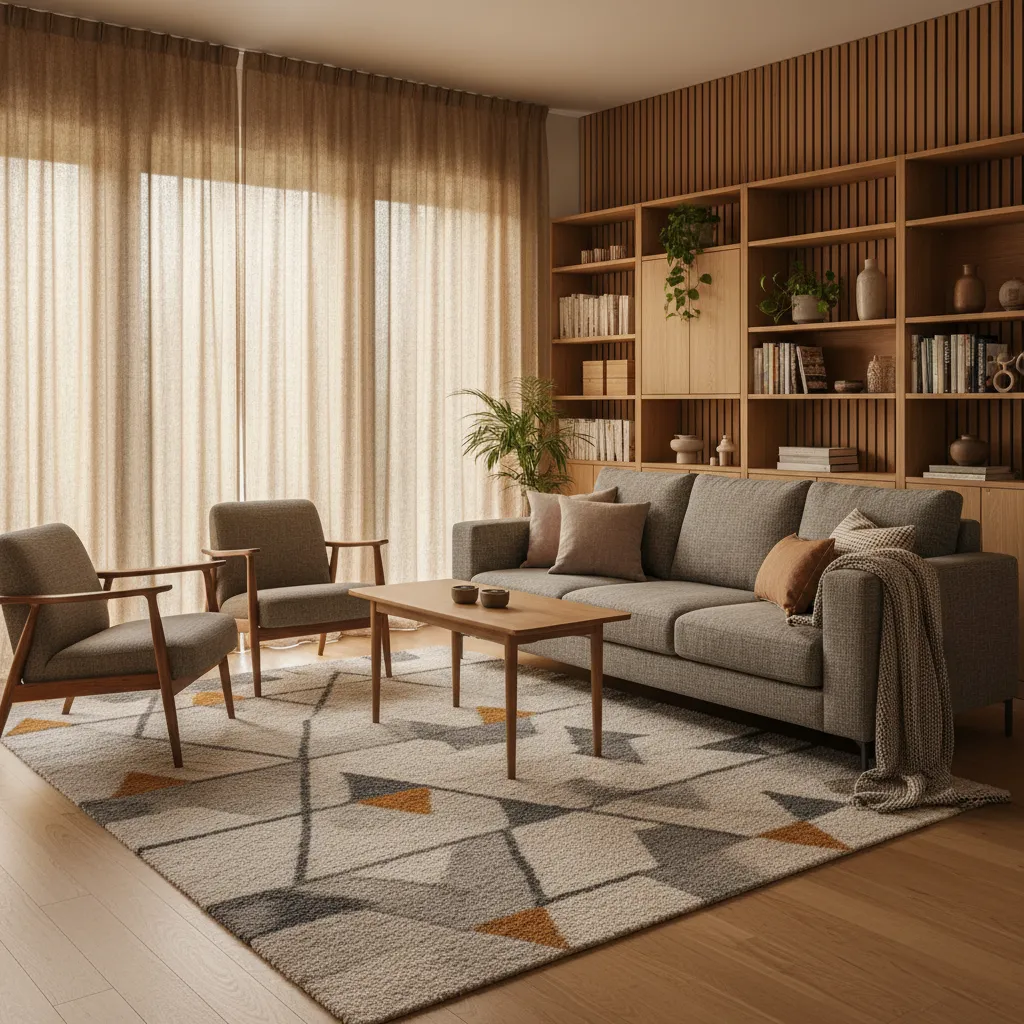 Salón con alfombra grande y cortinas gruesas que mejoran la acústica