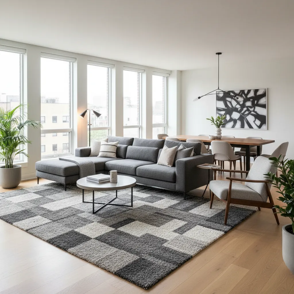 Modern living room with grey sofa, geometric rug, coffee table, dining set, and large windows