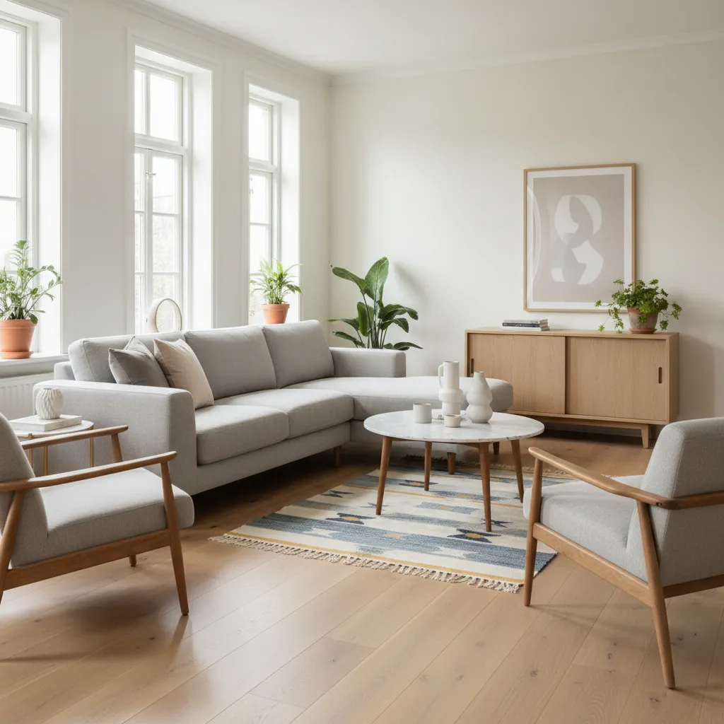 Salón con alfombra demasiado pequeña que no conecta el sofá y las butacas