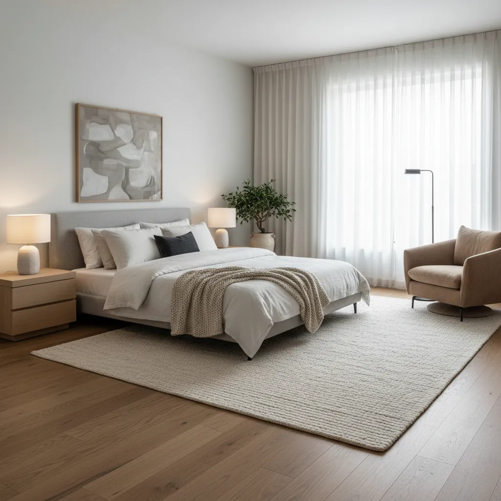 Dormitorio con piso de madera y alfombra grande bajo la cama