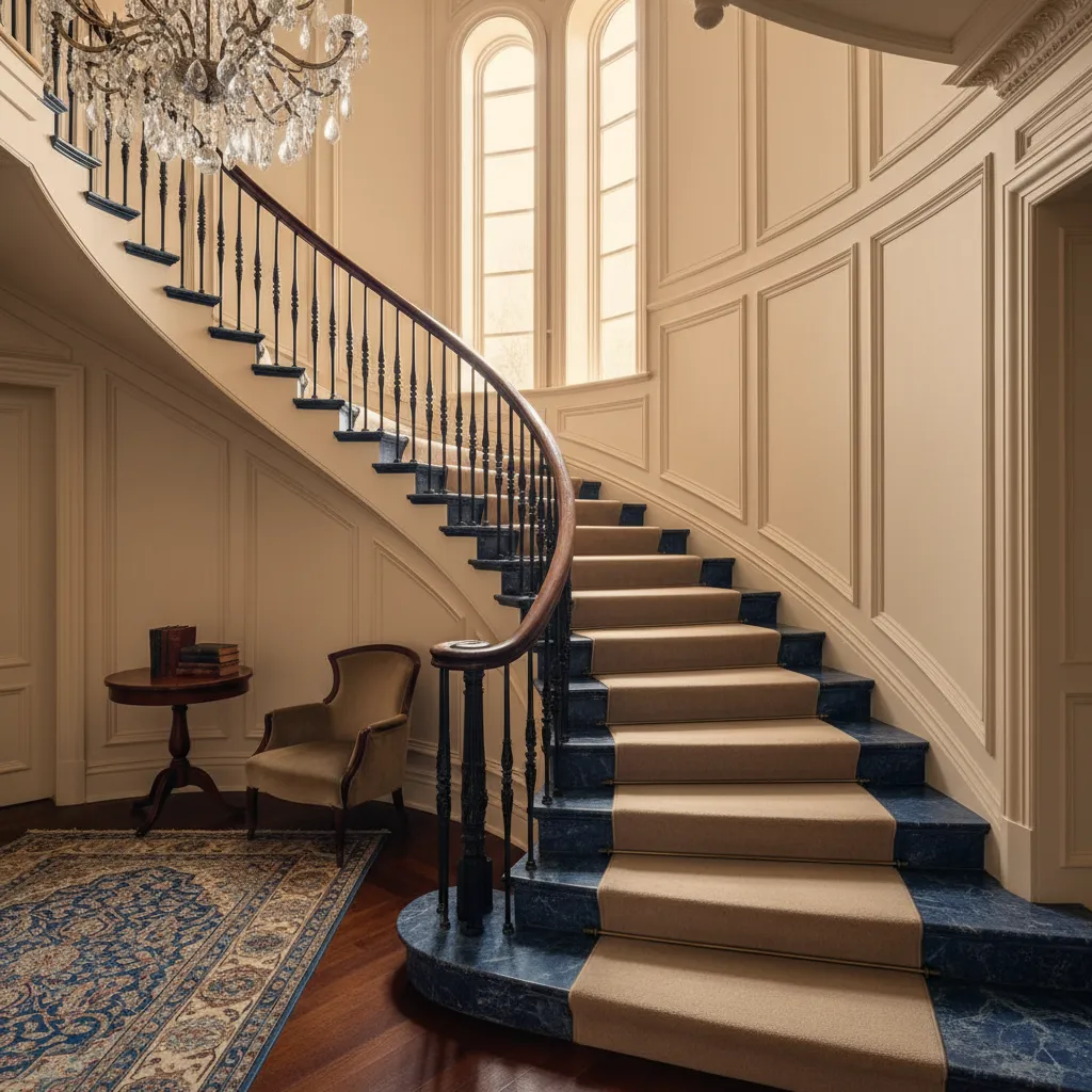 Escalera de mármol azul con alfombrillas beige en cada peldaño