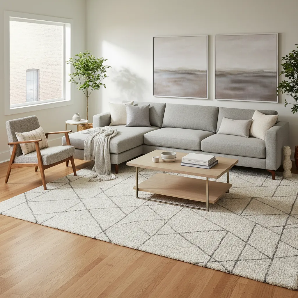 Salón con alfombra grande unificando sofá, mesa y butaca