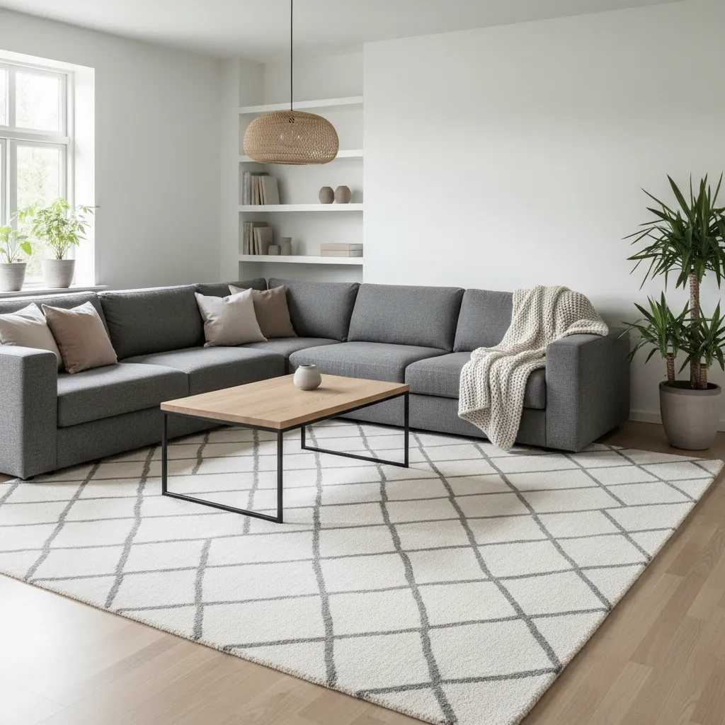 Salón moderno con alfombra grande que conecta sofá y mesa de centro