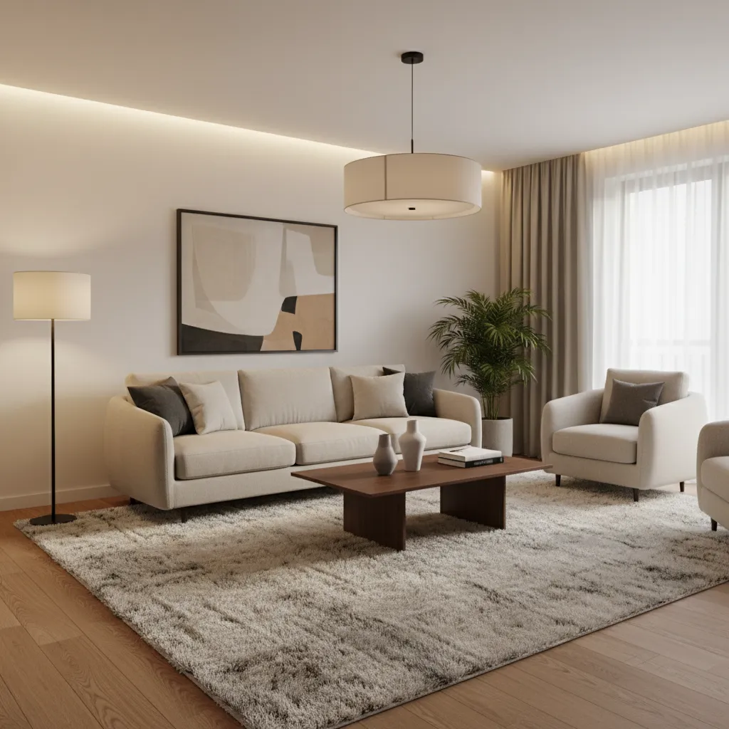 Salón con alfombra grande correctamente colocada bajo el sofá