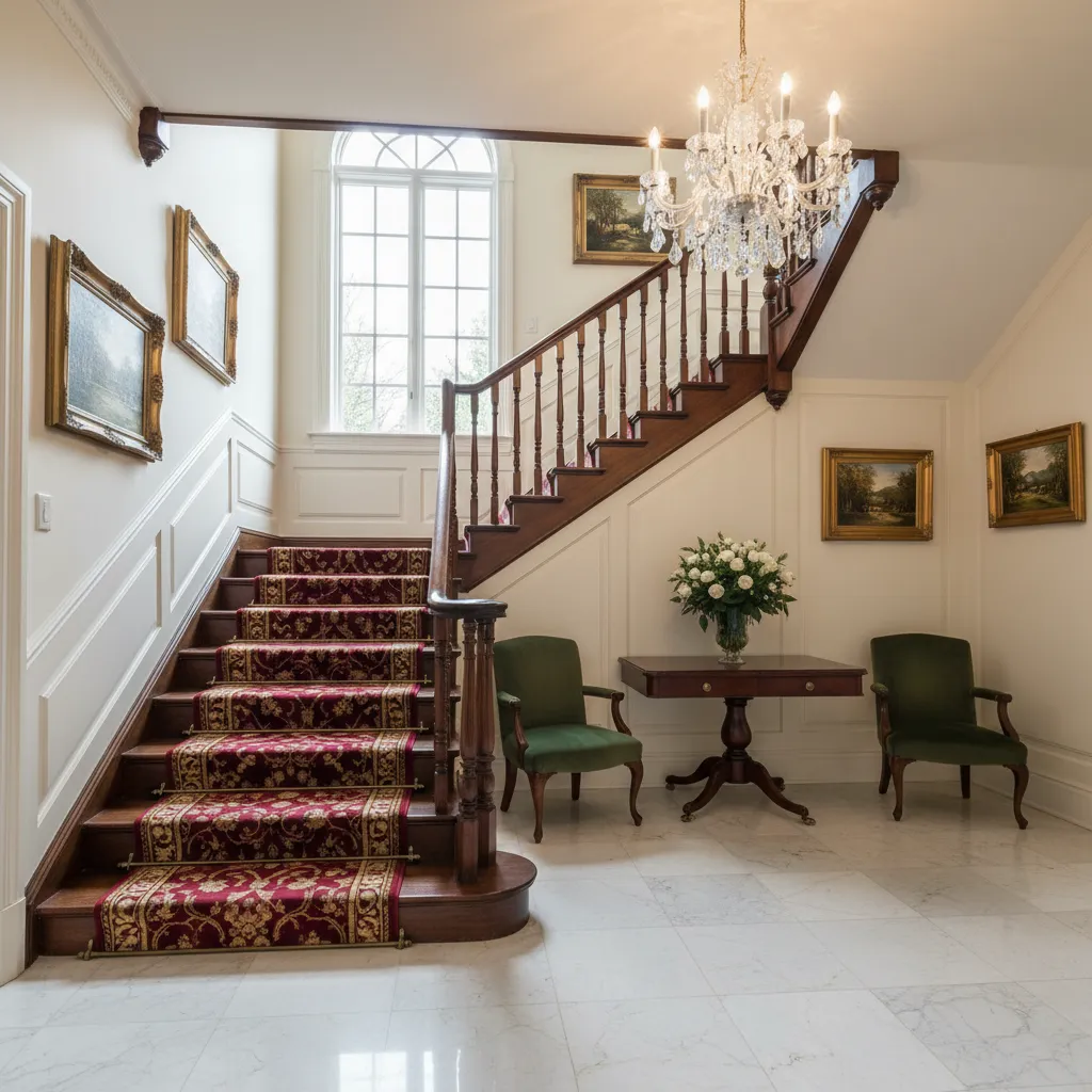 Escalera interior con alfombra runner decorativa