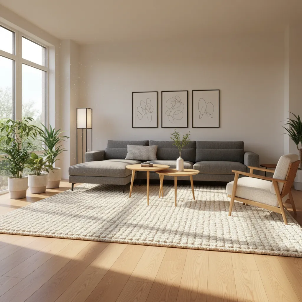 Modern living room with grey sofa wooden coffee tables white rug and three wall paintings