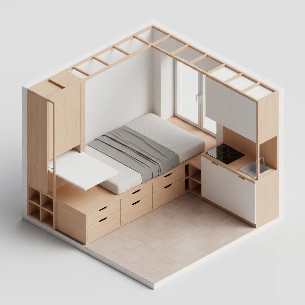 Algorithmic micro apartment layout with modular platforms and multifunctional furniture