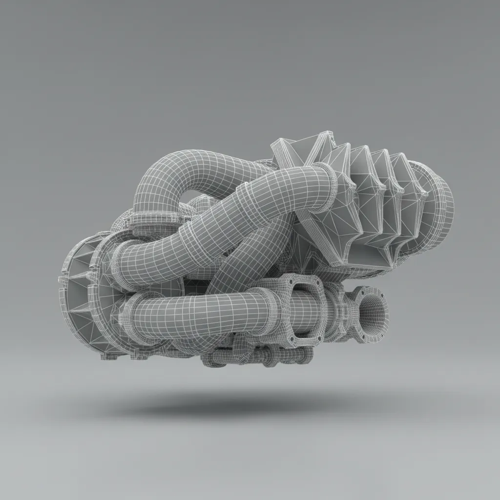Gray model of an engine with many pipes and lines shown on a plain background