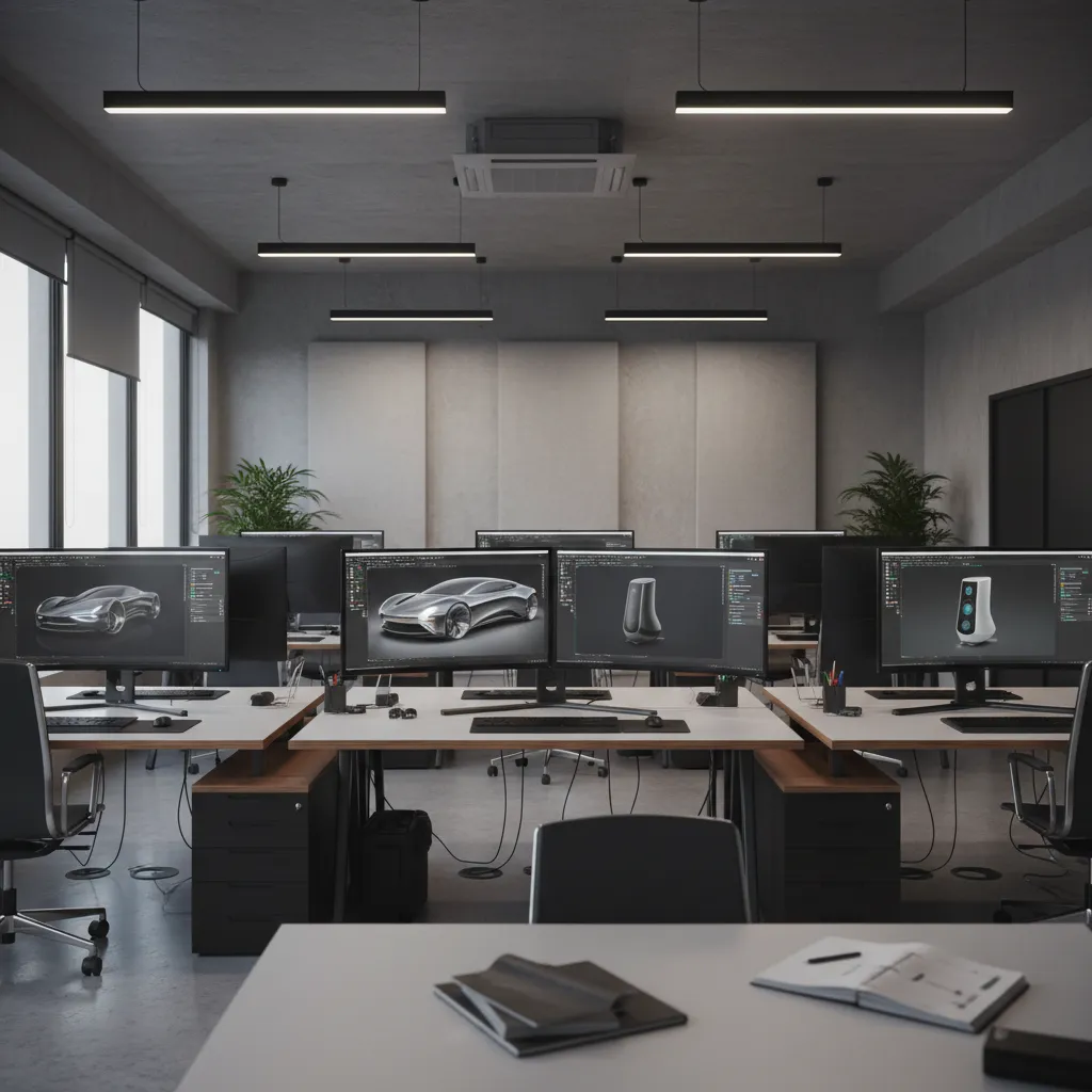 Modern office interior with multiple computer monitors displaying 3D interior design drawings on white desks